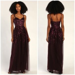LULU’S Darling Drama Plum Purple Floral Embroidered Tulle Maxi Dress. Brand New